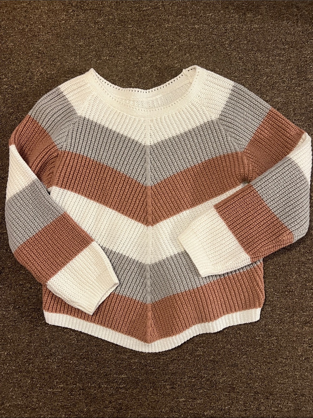 Women’s Striped Chevron Knit Sweater - Cream, Gray & Brown
